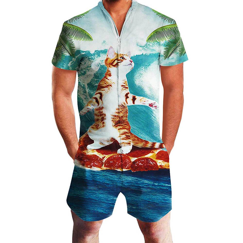 Cat Surfing On Pizza Male Romper  LLY